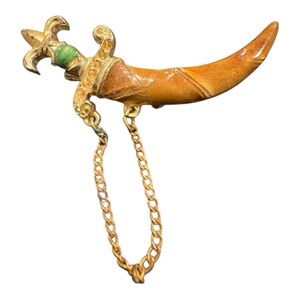 Vintage Gold & Amber Dagger Brooch with Chain – Green Accents J18